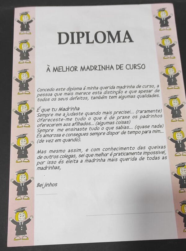Diploma á melhor madrinha de curso